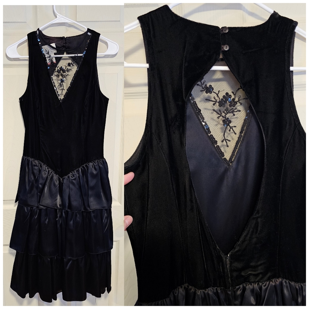 GUNNIE SAX Vintage Prom Party Tiered Dress Velvet Ruffle Mesh Floral Beadwork